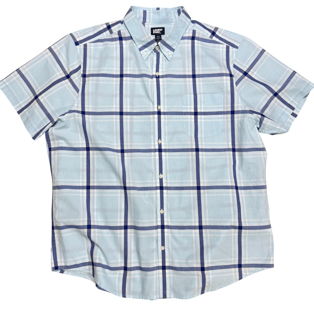 Lands End Mens Short Sleeve Button Up Shirt Blue Plaid Cotton XXL Traditional